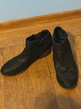 Fergalicious Black Suede Ankle Booties with Studded Strap